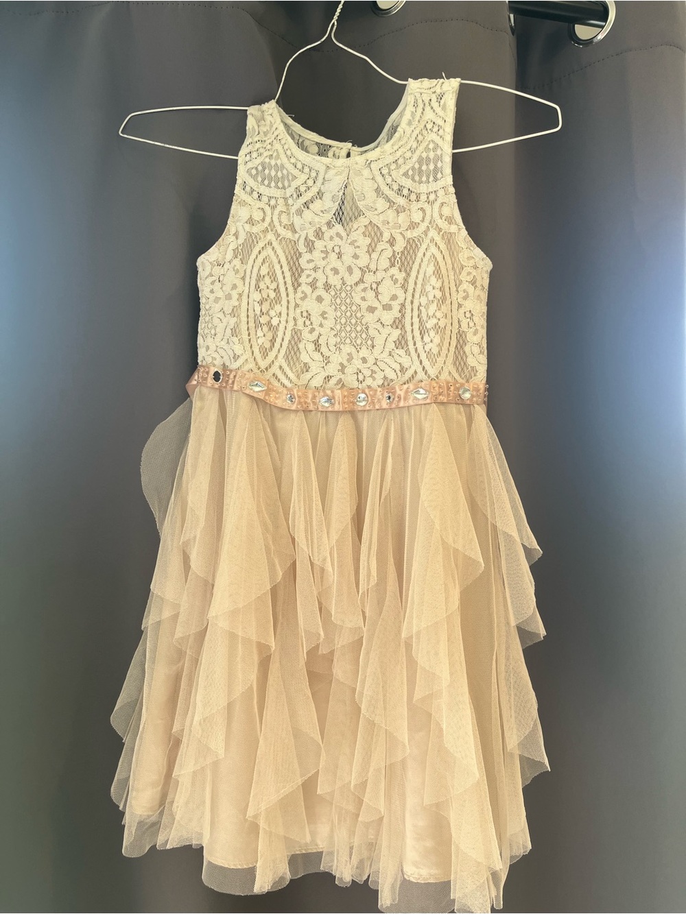 Rare Editions Ivory Lace Bodice Champagne Ruffle Tulle Dress